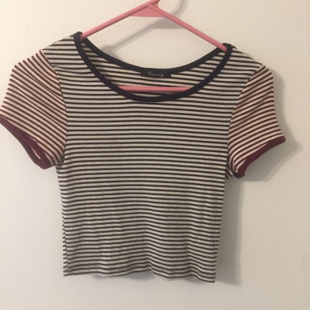Timing burgundy and blue fun striped crop top